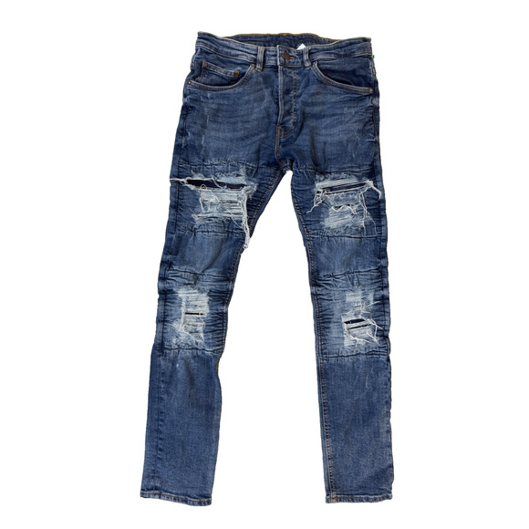 H&M Jeans Mens 32 Blue Skinny Distressed Ripped Destroyed Frayed Denim Rips Y2K - Picture 1 of 8
